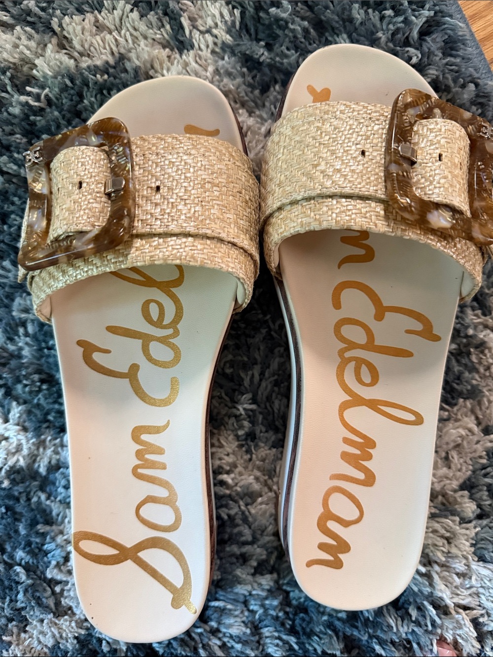 Sam Edelman Natural Raffia Slide Sandals with Tortoiseshell Buckles